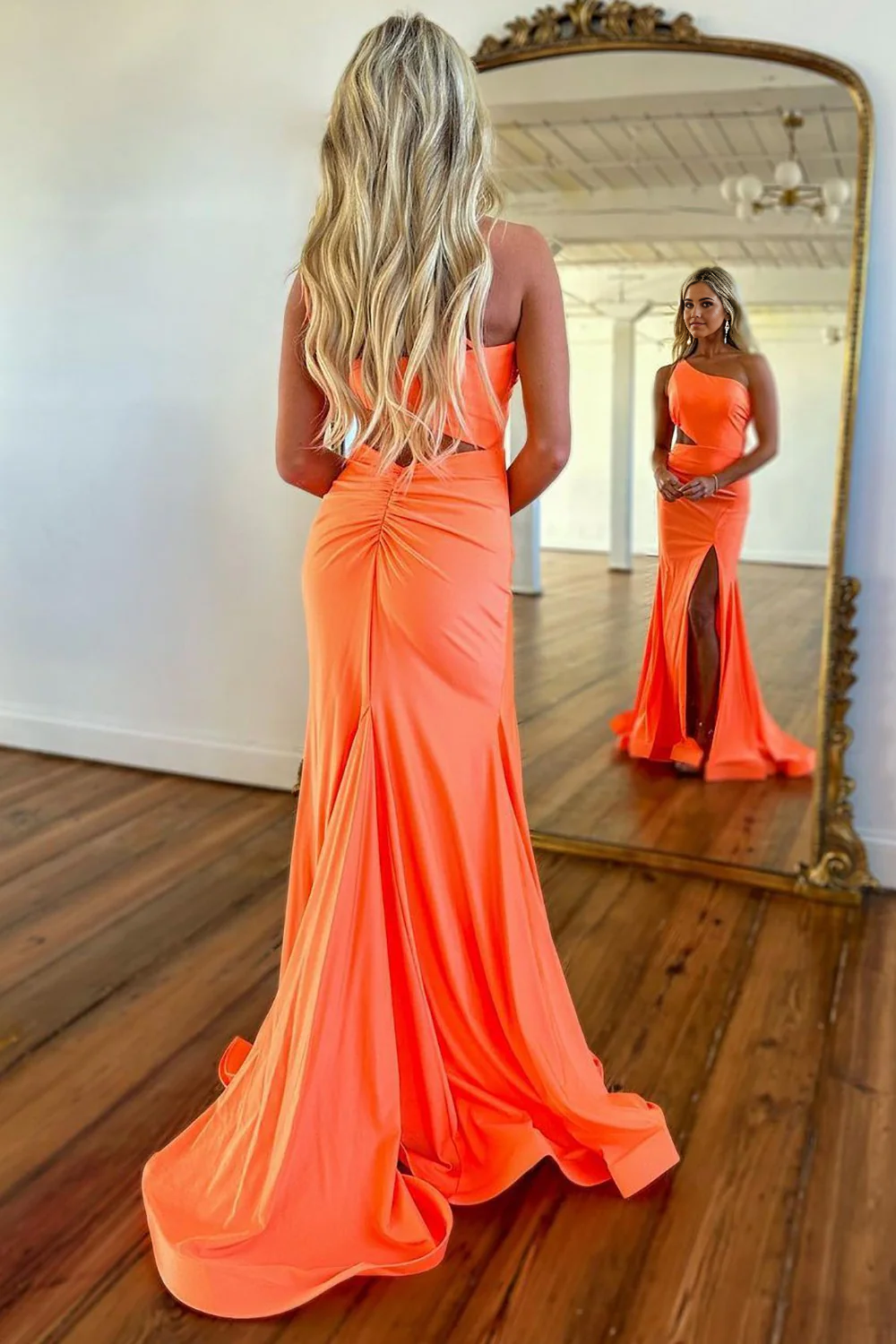 Mermaid Simple One Shoulder Cutout Waist Long Prom Dress With Split
